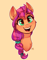 Size: 1707x2182 | Tagged: safe, artist:kaleido-art, imported from derpibooru, sunny starscout, earth pony, pony, :d, bust, cheek fluff, female, g5, open mouth, orange background, portrait, simple background, solo, sunnybetes