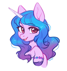 Size: 1667x1756 | Tagged: safe, artist:fensu-san, imported from derpibooru, izzy moonbow, pony, unicorn, bust, cute, female, g5, izzybetes, looking at you, mare, open mouth, portrait, signature, simple background, solo, unshorn fetlocks, white background