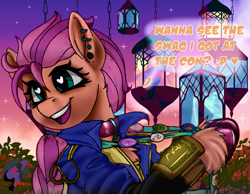 Size: 2778x2160 | Tagged: safe, artist:brainiac, derpibooru exclusive, imported from derpibooru, sunny starscout, earth pony, pony, fallout equestria, chest fluff, clothes, collar, cosplay, costume, female, g5, heart eyes, in-universe pegasister, jumpsuit, mare, pipboy, solo, unshorn fetlocks, vault suit, wingding eyes