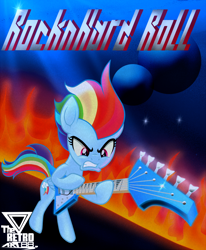 Size: 2000x2430 | Tagged: safe, artist:theretroart88, imported from derpibooru, rainbow dash, pegasus, electric guitar, fire, guitar, musical instrument