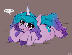 Size: 2350x1800 | Tagged: safe, artist:skoon, imported from derpibooru, unicorn, spoiler:g5, blushing, dialogue, female, g5, izzy, shy, solo, text, thicc ass