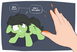 Size: 2268x1538 | Tagged: safe, artist:shinodage, imported from derpibooru, oc, oc:filly anon, earth pony, human, pony, cheeto dust, dialogue, do not want, exclamation point, female, filly, hand, imminent non-consensual petting, offscreen character, solo focus