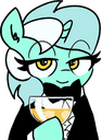 Size: 94x128 | Tagged: safe, imported from ponybooru, lyra heartstrings, oc, oc:acres, pony, unicorn, bowtie, bust, clothes, drink, female, hoof hold, lidded eyes, looking at you, simple background, solo, suit, transparent background, tuxedo