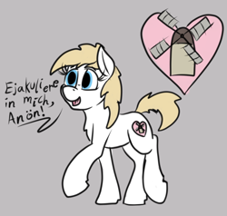 Size: 524x498 | Tagged: safe, artist:thebathwaterhero, imported from ponybooru, oc, oc:aryanne, earth pony, pony, blonde mane, blonde tail, blue eyes, chest fluff, cutie mark, dialogue, earth pony oc, female, german, gray background, heart, mare, nazi, open mouth, raised hoof, raised leg, simple background, smiling, solo, white coat, windmill of friendship