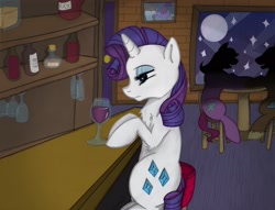 Size: 2048x1562 | Tagged: safe, artist:anonpencil, imported from ponybooru, rarity, pony, unicorn, absurd resolution, alcohol, bar, barstool, bottle, chair, drink, drinking, female, frown, glass, horn, lidded eyes, mare, melancholy, rum, sitting, solo focus, table, whiskey, wine, wine glass