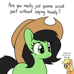 Size: 1200x1200 | Tagged: safe, artist:skitter, imported from ponybooru, applejack, oc, oc:filly anon, earth pony, pony, accessory theft, angry, applejack's hat, cowboy hat, dialogue, female, filly, hat, howdies in the comments, howdy, mare, open mouth, simple background, vulgar, white background, yelling