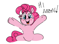 Size: 800x600 | Tagged: safe, artist:hattsy, pinkie pie, earth pony, pony, arms wide open, blushing, female, hi anon, implied anon, looking at you, mare, meme, open mouth, simple background, sketch, smiling, solo, white background