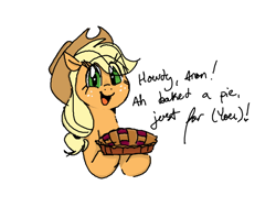 Size: 800x600 | Tagged: safe, artist:anonymous, applejack, earth pony, pony, (you), apple, apple pie, colored, cowboy hat, dialogue, female, food, freckles, hat, implied anon, looking at you, mare, monochrome, open mouth, pie, simple background, sketch, smiling, solo