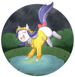 Size: 1024x1049 | Tagged: safe, artist:foxhatart, imported from derpibooru, oc, oc:violet, pony, unicorn, bow, female, hat, mare, puddle, rain, solo, tail bow