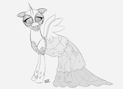 Size: 5500x4000 | Tagged: safe, artist:evan555alpha, imported from ponybooru, oc, oc only, oc:yvette (evan555alpha), changeling, awww, changeling oc, clothes, dorsal fin, dress, ears at angle, evan's daily buggo, fangs, female, glasses, looking back, open mouth, ponybooru exclusive, princess dress, round glasses, side view, signature, simple background, sketch, smiling, solo, tongue out, white background