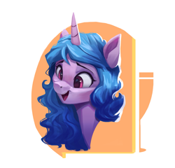 Size: 2533x2432 | Tagged: safe, artist:vanillaghosties, imported from derpibooru, izzy moonbow, pony, unicorn, abstract background, bust, female, g5, mare, open mouth, portrait, smiling, solo