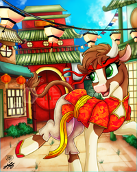 Size: 2000x2500 | Tagged: safe, artist:stainedglasslighthea, imported from derpibooru, arizona cow, cow, them's fightin' herds, arizona (tfh), belt, building, bush, chinese dress, chinese new year, clothes, commission, community related, dress, female, flats, headband, hoof shoes, horns, lantern, lunar new year, open mouth, pants, raised hoof, raised leg, shoes, solo, ych result, year of the ox