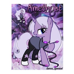 Size: 1080x1080 | Tagged: safe, artist:luna.queex, imported from derpibooru, pony, unicorn, abstract background, amethyst (steven universe), clothes, eyelashes, female, horn, mare, ponified, raised hoof, steven universe