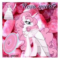 Size: 1080x1080 | Tagged: safe, artist:luna.queex, imported from derpibooru, alicorn, pony, abstract background, alicornified, clothes, dress, duo, eyelashes, female, horn, looking back, mare, peytral, ponified, race swap, rose quartz (steven universe), steven universe, wings