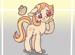 Size: 2261x1668 | Tagged: safe, artist:caramelbolt24, imported from derpibooru, oc, oc only, earth pony, pony, abstract background, chest fluff, colored hooves, ear fluff, earth pony oc, female, magical lesbian spawn, mare, offspring, parent:applejack, parent:fluttershy, parents:appleshy, raised hoof, reference sheet, smiling, solo, story included