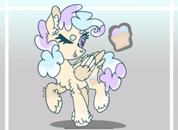 Size: 2279x1668 | Tagged: safe, artist:caramelbolt24, imported from derpibooru, oc, oc only, pegasus, pony, abstract background, chest fluff, ear fluff, eyelashes, looking back, magical lesbian spawn, offspring, one eye closed, parent:fluttershy, parent:pinkie pie, parents:flutterpie, pegasus oc, raised hoof, reference sheet, signature, solo, story included, transgender, two toned wings, unshorn fetlocks, wings, wink