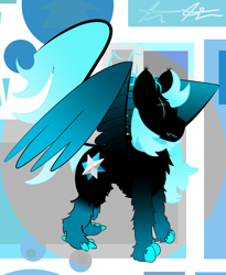 Size: 1190x1450 | Tagged: safe, artist:blaze anani, imported from derpibooru, oc, oc:blue, aonani, bella is an egg, clawed hooves, colored wings, cutie mark, geometric background, gradient hooves, gradient mane, gradient wings, null is an egg, paws, simple background, wings