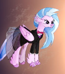 Size: 1398x1590 | Tagged: safe, artist:moonlightrift, imported from derpibooru, silverstream, hippogriff, bowtie, clothes, dress, female, happy, smiling, solo, suit, tuxedo