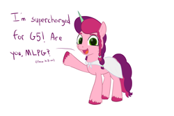 Size: 1500x1000 | Tagged: safe, artist:mightyshockwave, imported from derpibooru, oc, oc only, oc:marker pony, pony, unicorn, 4chan, braid, cape, clothes, g5, looking at you, open mouth, raised hoof, simple background, solo, talking to viewer, unshorn fetlocks, white background