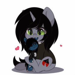 Size: 1080x1080 | Tagged: safe, artist:yomechka, imported from derpibooru, pony, undead, unicorn, zombie, zombie pony, animated, bring me the horizon, clothes, commission, disguise, disguised siren, drop dead clothing, eye clipping through hair, fangs, gif, heart, horn, implied gay, implied shipping, jewelry, kellin quinn, male, necklace, oliver sykes, plushie, shirt, simple background, sitting, sleeping with sirens, slit eyes, slit pupils, solo, stallion, t-shirt, tail wag, white background, ych animation, ych result