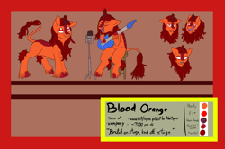 Size: 5000x3323 | Tagged: safe, artist:dirtpecker, imported from derpibooru, oc, oc:blood orange, kirin, vampire, vampony, description is artwork too, djent face, dreadlocks, fangs, grumpy face, guitar, kirin oc, licking, licking lips, male, microphone, musical instrument, reference sheet, sitting incorrectly, tongue out