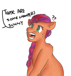 Size: 3000x3200 | Tagged: safe, artist:applejackofalltrades, imported from derpibooru, sunny starscout, earth pony, pony, confused, g5, open mouth, solo, teeth, text