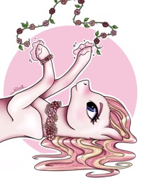 Size: 1080x1352 | Tagged: safe, alternate version, artist:pony_riart, imported from derpibooru, oc, oc only, nymph, pony, abstract background, bust, colored, eyelashes, floral necklace, flower necklace, glowing hooves, inktober 2020, lying down, on back