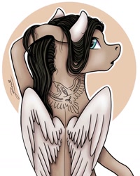 Size: 1080x1351 | Tagged: safe, alternate version, artist:pony_riart, imported from derpibooru, oc, oc only, pegasus, pony, abstract background, bust, colored, inktober 2020, looking back, pegasus oc, signature, tattoo, wings