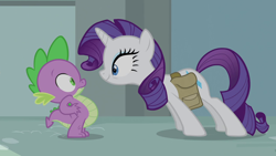 Size: 1280x720 | Tagged: safe, imported from derpibooru, screencap, rarity, spike, dragon, pony, unicorn, inspiration manifestation, bag, duo, female, male, mare, saddle bag, surprised