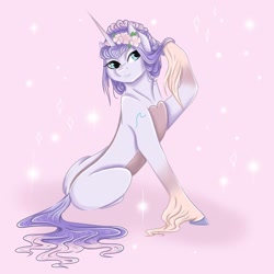 Size: 1080x1080 | Tagged: safe, artist:pony_riart, imported from derpibooru, oc, oc only, pony, unicorn, colored hooves, flower, flower in hair, hoof fluff, horn, raised hoof, sitting, solo, unicorn oc