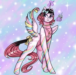 Size: 1080x1063 | Tagged: safe, artist:pony_riart, imported from derpibooru, oc, oc only, alicorn, pony, abstract background, alicorn oc, bow, colored wings, glowing horn, hair bow, horn, jewelry, magic, male, multicolored wings, necklace, rainbow wings, solo, stallion, tail bow, telekinesis, wings