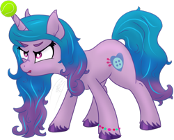 Size: 1705x1376 | Tagged: safe, artist:soctavia, imported from derpibooru, izzy moonbow, pony, unicorn, annoyed, ball, female, g5, horn, horn guard, horn impalement, hornball, izzy's tennis ball, looking up, mare, scowl, simple background, solo, tennis ball, tongue out, transparent background, unshorn fetlocks, upset