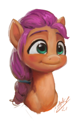 Size: 480x720 | Tagged: safe, artist:assasinmonkey, imported from derpibooru, sunny starscout, earth pony, pony, spoiler:g5, cute, digital painting, female, g5, mare, signature, simple background, smiling, solo, white background