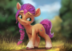 Size: 1200x850 | Tagged: safe, artist:assasinmonkey, imported from derpibooru, imported from ponybooru, sunny starscout, earth pony, pony, spoiler:g5, blurred background, blurry background, braid, coat markings, cute, cutie mark, digital painting, female, g5, grass, head tilt, looking sideways, mare, outdoors, scenery, smiling, socks (coat markings), solo, standing, unshorn fetlocks