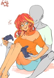 Size: 700x1000 | Tagged: safe, artist:sozglitch, imported from derpibooru, sunset shimmer, oc, oc:anon, equestria girls, barefoot, big breasts, boob squish, breast squish, breasts, busty sunset shimmer, cleavage, controller, dualshock controller, duo, feet, female, huge breasts, male, simple background, white background