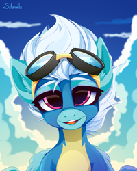 Size: 4000x5000 | Tagged: safe, artist:xsatanielx, imported from derpibooru, fleetfoot, pegasus, pony, clothes, cloud, cute, diafleetes, female, goggles, looking at you, mare, open mouth, rcf community, signature, sky, smiling, solo, teeth, uniform, wonderbolts uniform