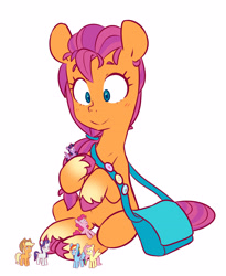 Size: 3035x3694 | Tagged: safe, artist:chub-wub, imported from derpibooru, applejack, fluttershy, pinkie pie, rainbow dash, rarity, sunny starscout, twilight sparkle, alicorn, earth pony, pegasus, pony, unicorn, spoiler:g5, badge, bag, cute, cutie mark, doll, female, fluttershy's cutie mark, g5, high res, hoof hold, in-universe pegasister, looking at something, mane six, mare, markings, pin, rainbow dash's cutie mark, raised hoof, satchel, shoulder bag, simple background, sitting, smiling, solo, three quarter view, toy, twilight sparkle (alicorn), twilight sparkle's cutie mark, unshorn fetlocks, white background