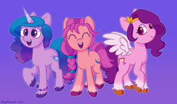 Size: 2154x1272 | Tagged: safe, artist:halfrobin, imported from derpibooru, izzy moonbow, pipp petals, sunny starscout, earth pony, pegasus, pony, unicorn, adorapipp, bracelet, braid, cute, eyes closed, female, g5, izzybetes, jewelry, mare, open mouth, pipp, purple background, raised hoof, signature, simple background, smiling, sunnybetes, unshorn fetlocks, wings