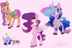 Size: 1280x854 | Tagged: safe, artist:jynsherlock, imported from derpibooru, izzy moonbow, pipp petals, sunny starscout, earth pony, pegasus, pony, unicorn, spoiler:g5, spoiler:g5 movie, ball, deviantart watermark, dialogue, female, g5, g5 movie, horn, horn guard, horn impalement, hornball, izzy's tennis ball, mare, obtrusive watermark, pipp, raised hoof, signature, simple background, tennis ball, tongue out, watermark