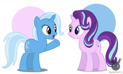 Size: 1461x882 | Tagged: safe, artist:wheatley r.h., derpibooru exclusive, imported from derpibooru, starlight glimmer, trixie, unicorn, female, happy, lesbian, shipping, simple background, startrix, vector, watermark, waving