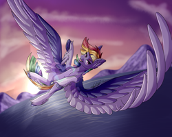 Size: 5000x4000 | Tagged: safe, artist:nova-decorum, imported from derpibooru, rainbow dash, pegasus, pony, female, flying, large wings, mare, ocean, solo, spread wings, sunrise, wings