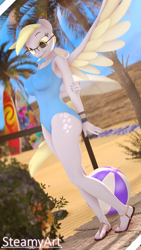 Size: 2160x3840 | Tagged: safe, artist:phenioxflame, artist:steamyart, imported from derpibooru, derpy hooves, anthro, pegasus, plantigrade anthro, 3d, baywatch, beach, beach ball, blue swimsuit, clothes, feet, glasses, nexgen, one-piece swimsuit, sandals, solo, source filmmaker, swimsuit