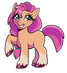 Size: 563x607 | Tagged: safe, artist:vampykira, imported from derpibooru, sunny starscout, earth pony, pony, female, g5, grin, mare, raised hoof, simple background, smiling, solo, teeth, transparent background, unshorn fetlocks