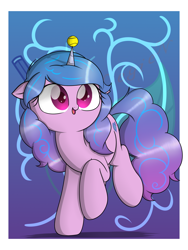 Size: 1920x2560 | Tagged: safe, artist:neige de printdemps, imported from derpibooru, izzy moonbow, pony, unicorn, spoiler:g5, spoiler:g5 movie, ball, blue background, female, g5, g5 movie, horn, horn guard, horn impalement, hornball, izzy's tennis ball, looking up, simple background, smiling, solo, tennis ball, tiny mouth