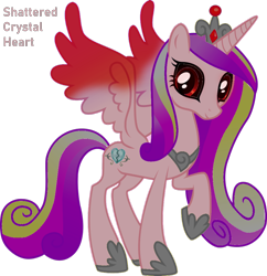 Size: 990x1024 | Tagged: safe, artist:pagiepoppie12345, edit, imported from derpibooru, princess cadance, alicorn, .exe, broken, creepypasta, crown, crystal heart, heartbreak, jewelry, recolor, red eyes, regalia, shattered