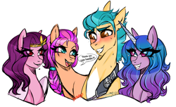 Size: 4633x2813 | Tagged: safe, artist:betavirus, artist:nekomellow, imported from derpibooru, hitch trailblazer, izzy moonbow, pipp petals, sunny starscout, earth pony, pegasus, pony, unicorn, biting, blushing, dialogue, eye clipping through hair, eyelashes, fanart, female, flirting, g5, harem, heart, herd, high res, hitch trailblazer gets all the mares, hitchpipp, izzyhitch, lip bite, looking at each other, lust, male, mare, nervous, open mouth, pipp, shipping, signature, simple background, speech bubble, stallion, straight, sunnyhitch, sweat, transparent background, unknown pony