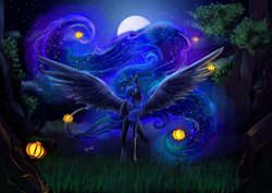 Size: 3508x2480 | Tagged: safe, artist:dalagar, imported from derpibooru, princess luna, alicorn, pony, chinese new year, female, grass, lantern, mare, moon, night, solo, stars, tree