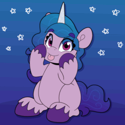 Size: 2000x2000 | Tagged: safe, artist:partylikeanartist, imported from derpibooru, izzy moonbow, pony, unicorn, spoiler:g5, animated, cheek squish, chubby cheeks, cute, eye clipping through hair, eyebrows, eyebrows visible through hair, female, g5, gif, gradient background, gradient mane, high res, hooves, izzybetes, looking at you, mare, simple background, solo, squishy cheeks, stars, tongue out
