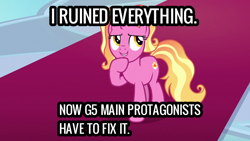 Size: 1280x720 | Tagged: safe, edit, edited screencap, imported from derpibooru, screencap, luster dawn, pony, unicorn, the last problem, and that's how g5 was made, damn it luster, female, g5, g5 drama, headcanon, implied sunny starscout, mare, op is a duck, text