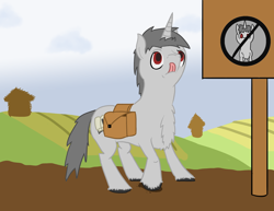 Size: 3300x2550 | Tagged: safe, artist:tofuslied-, imported from derpibooru, oc, oc only, pony, unicorn, bag, chest fluff, digital art, male, saddle bag, sign, solo, stallion, tongue out
